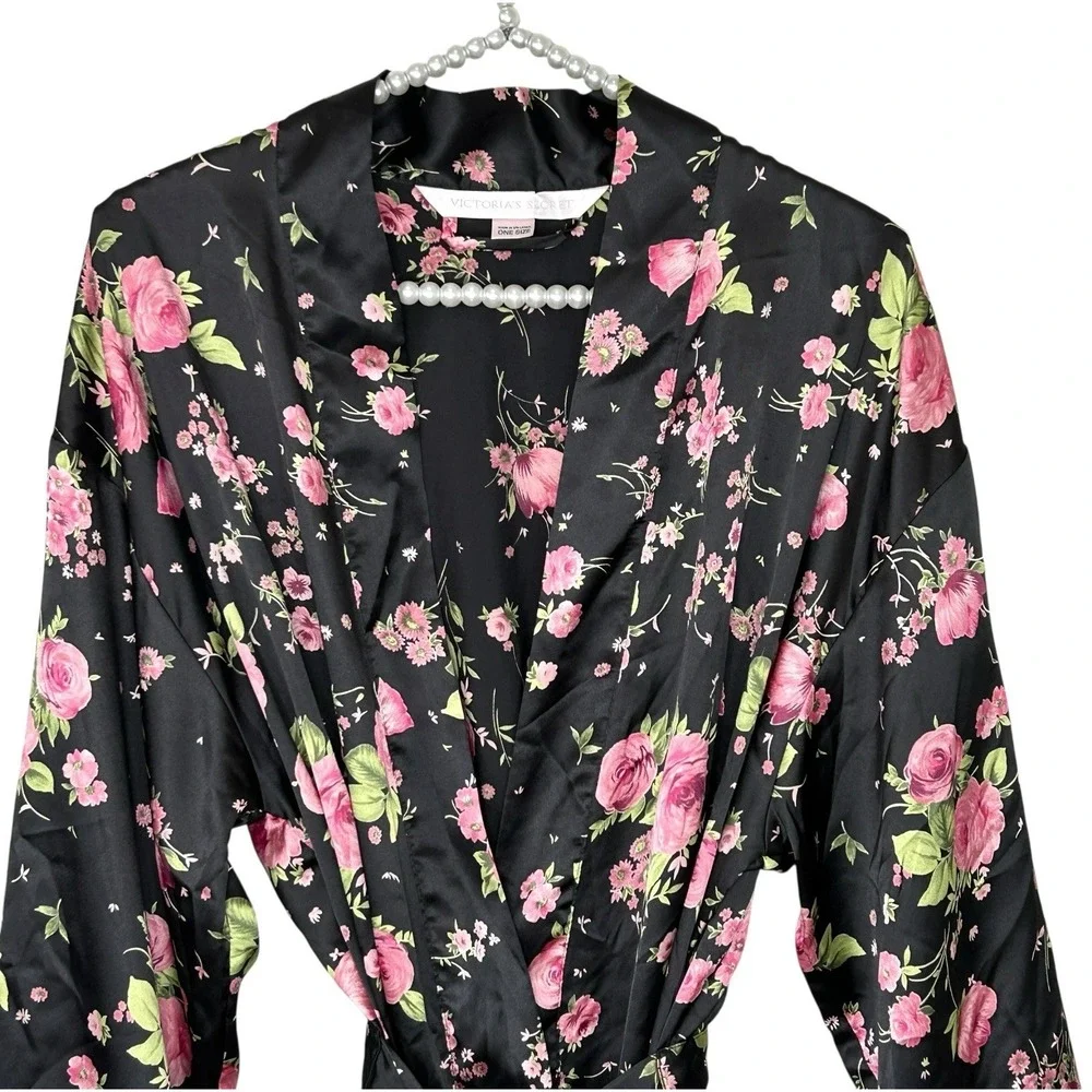 Victorias Secret Floral Silky Robe One Size O/S Y2k Coquette Romantic Mini Black - Picture 5 of 12